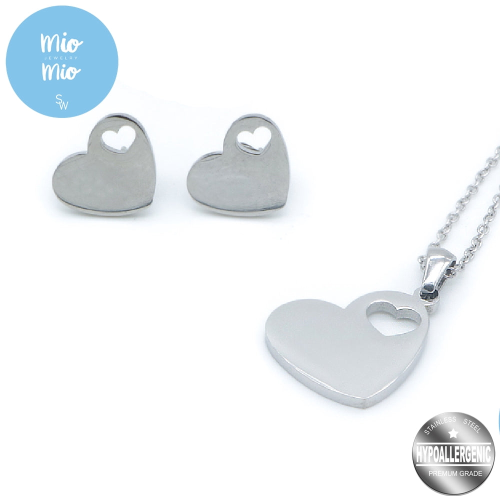 Mio Mio by Silverworks Plain Heart with Cutout Heart Set - Fashion Accessory for Women X3916