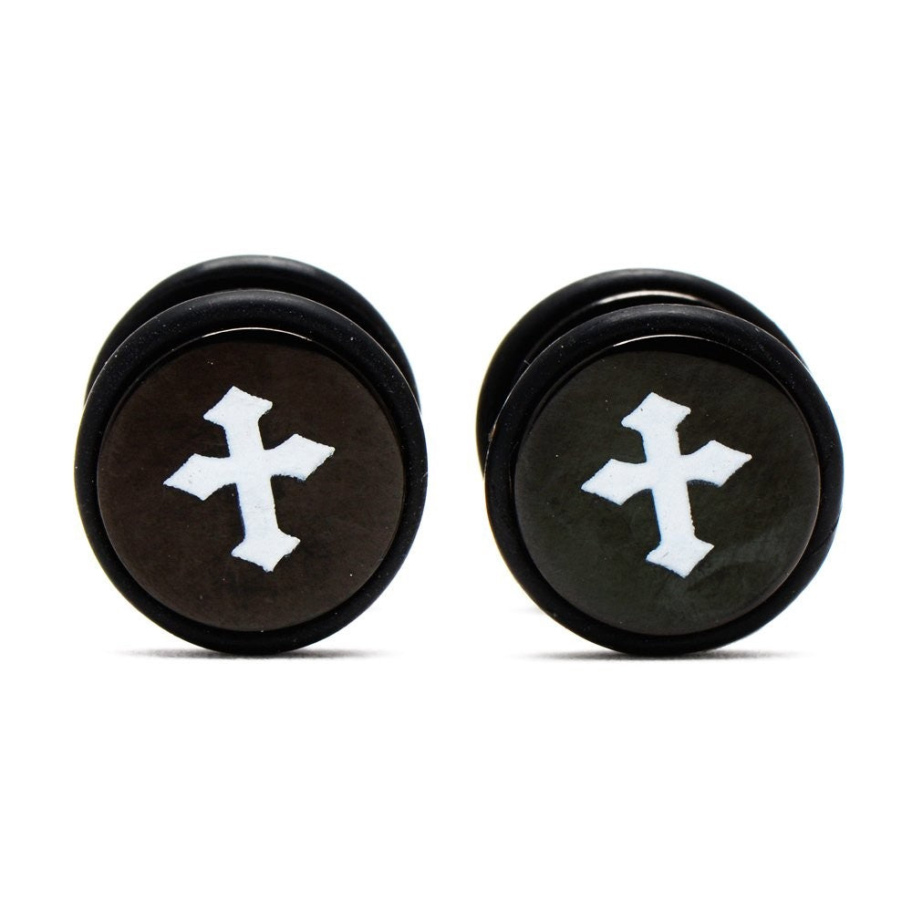 Black Cross Faux Tunnel Stainless Steel Stud Earrings | SilverWorks