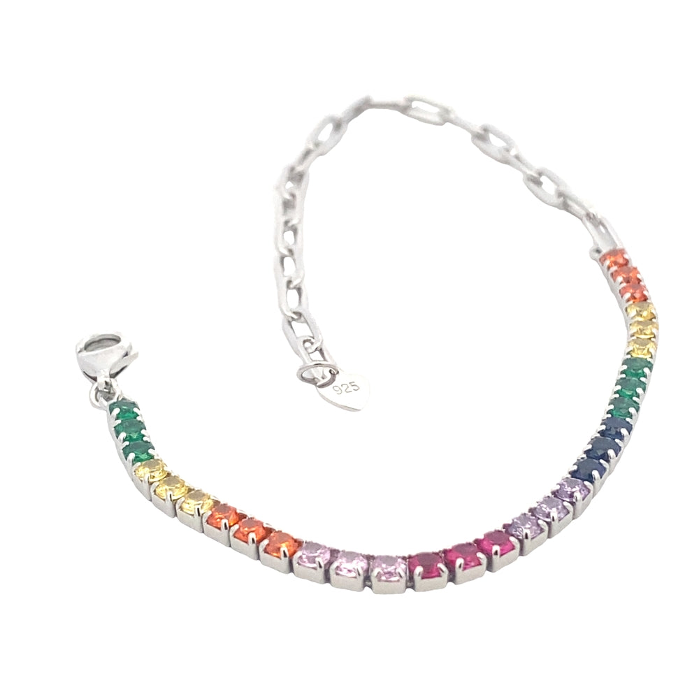 B5365RAINBOW COLORED STONE HALF CHAIN SILVER BRACELET 8