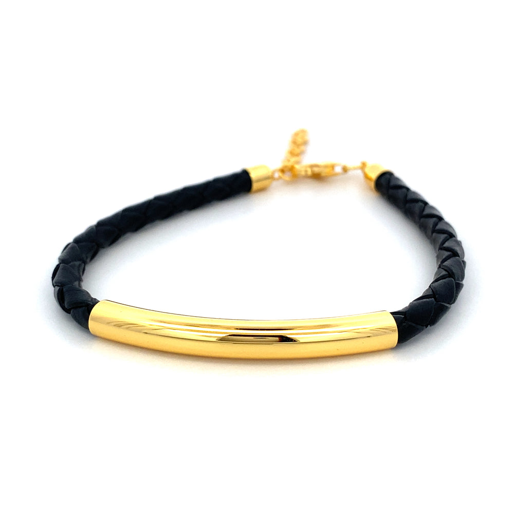 Gold Plated Bar in Black Leather Bracelet