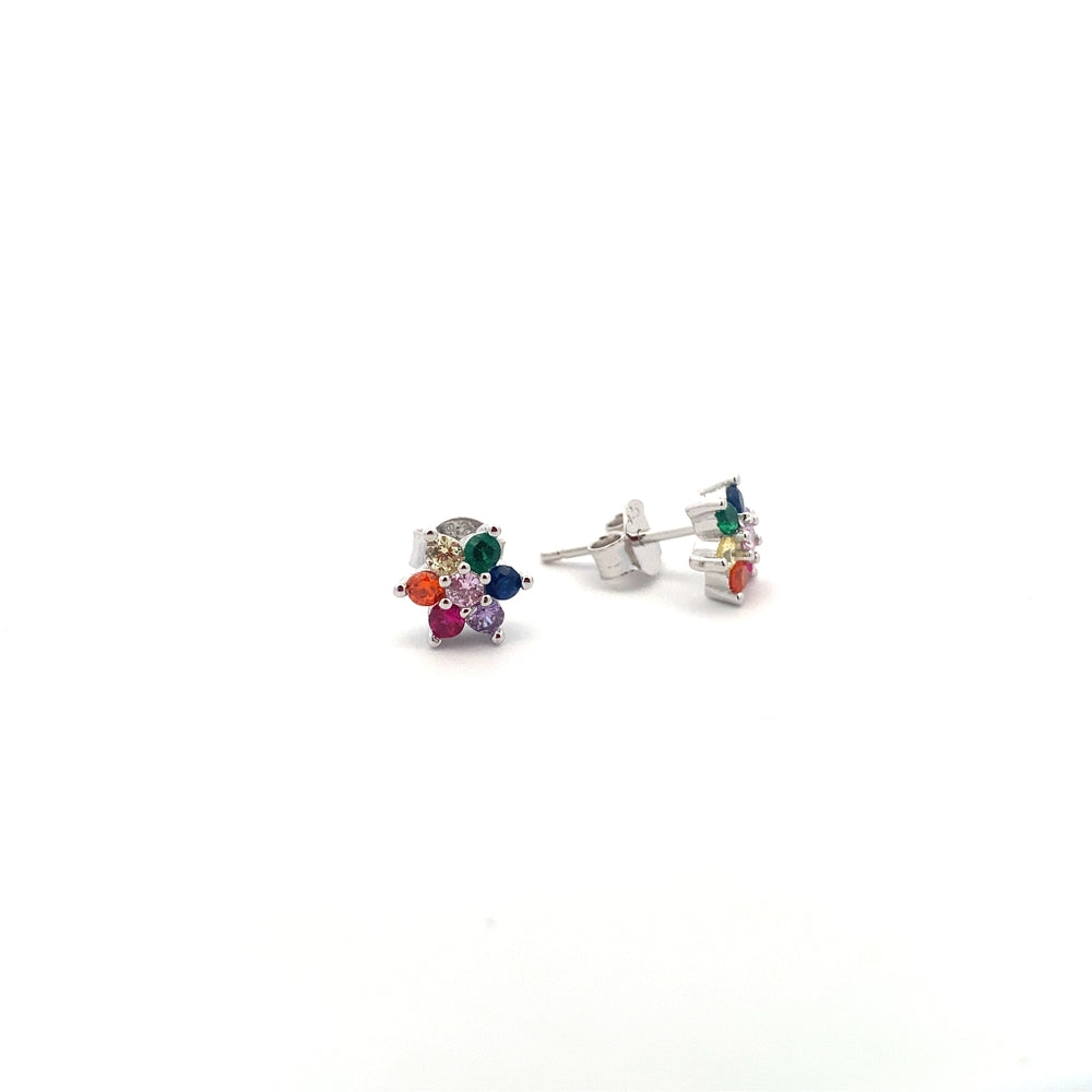 E7765 FLOWER DSGN RAINBOW COLORED STONE SILVER EARRINGS 1.30G