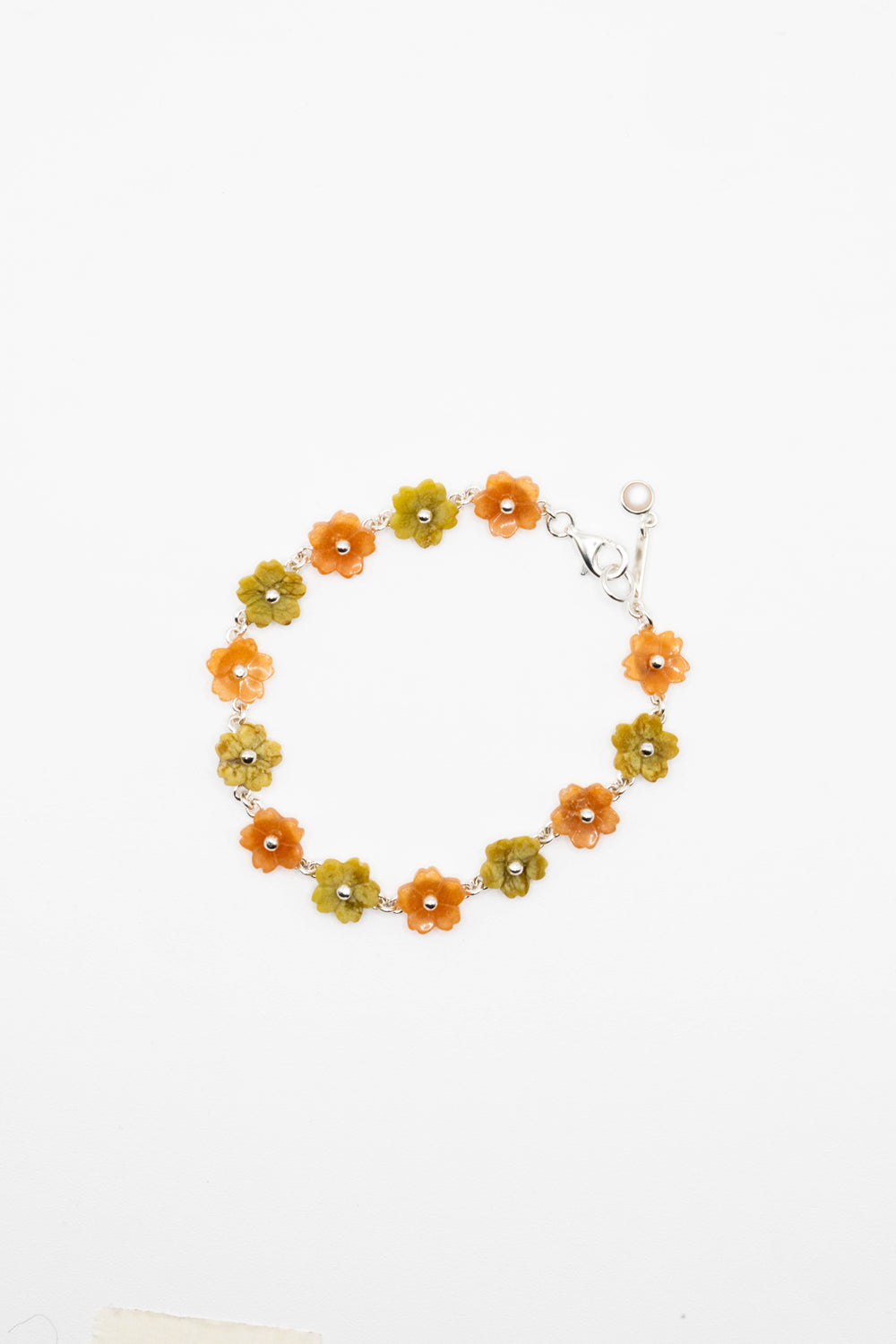 Flower in Orange and Avocado 925 Sterling Silver Bracelet