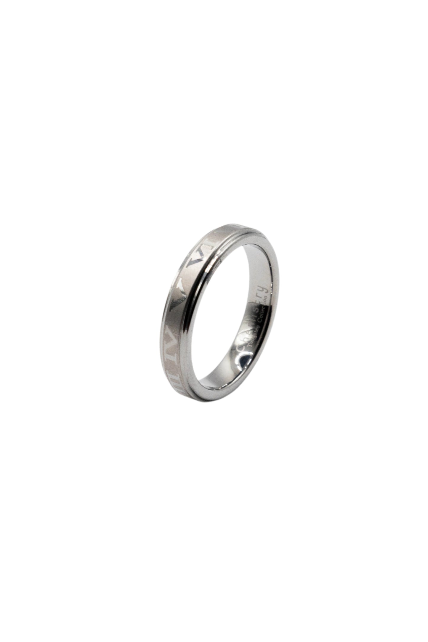 Raisa Romantic Roman Numeral Etched Silver Tungsten Ring | SilverWorks