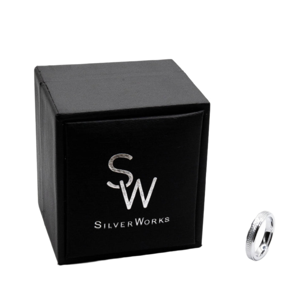 
                      
                        Victoria Embossed Crisscross Tungsten Band Ring | SilverWorks
                      
                    