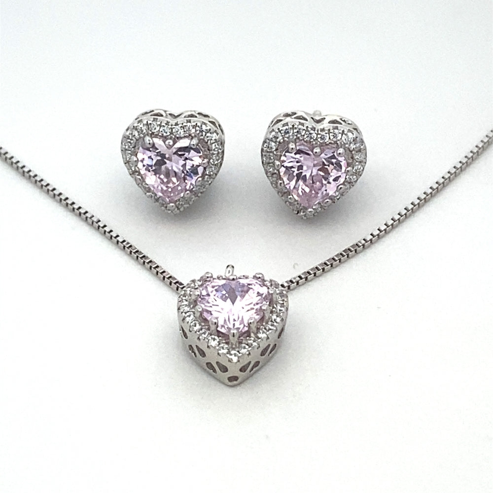 
                      
                        S800 PINK HRT W WHT CZ SIDE EARRING 16IN+1IN NECKLACE 6.02g
                      
                    