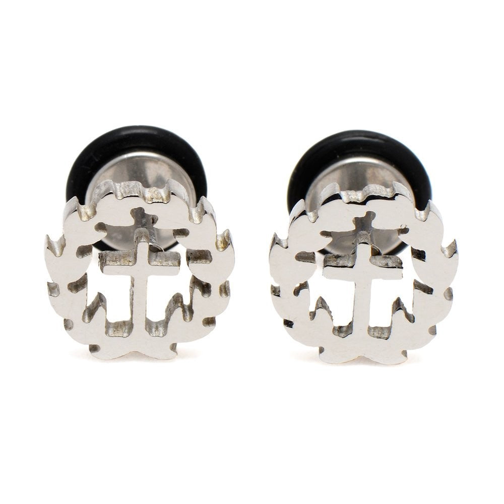 Cross in Flame Tunnel Stainless Steel Stud Earrings | SilverWorks