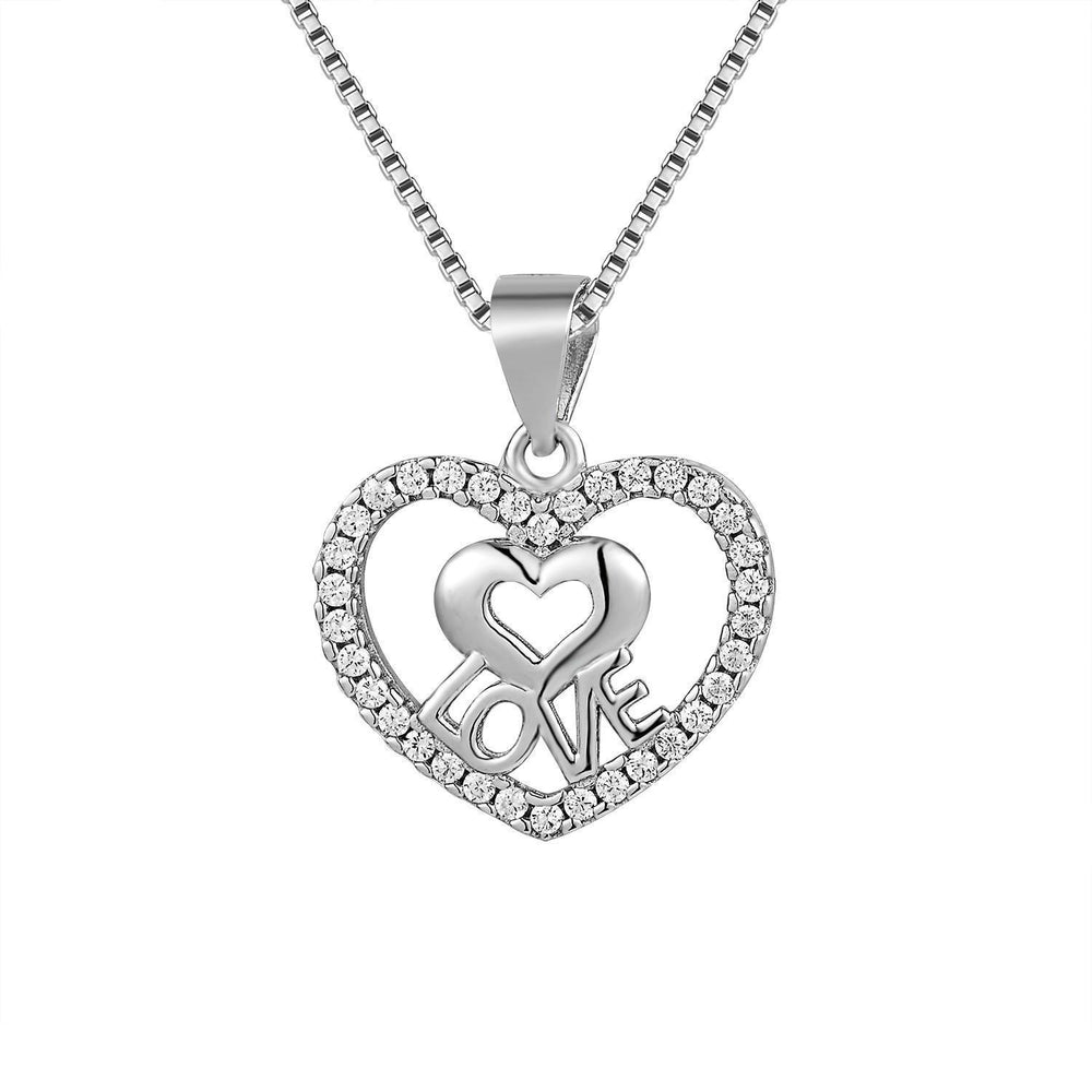 Zirconia Open Heart with Love and Small Polished Heart Necklace