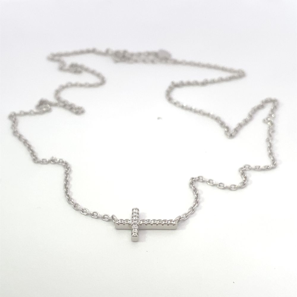 N5109 16IN+1IN VERTICAL CROSS IN FULL WHT CZ IN RHOD CHAIN 2.59G