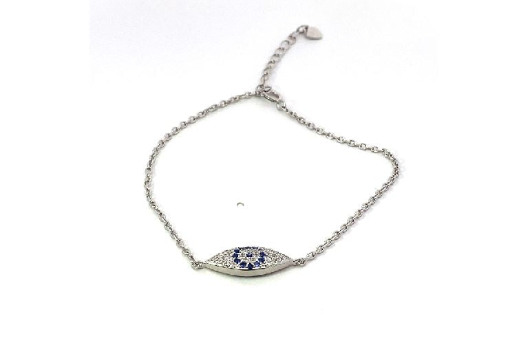 B5387 6.5IN+1.5IN RHOD CHAIN WITH FULL CZ EYE IN WHT N SAPPHIRE CZ PDNT 6.5G