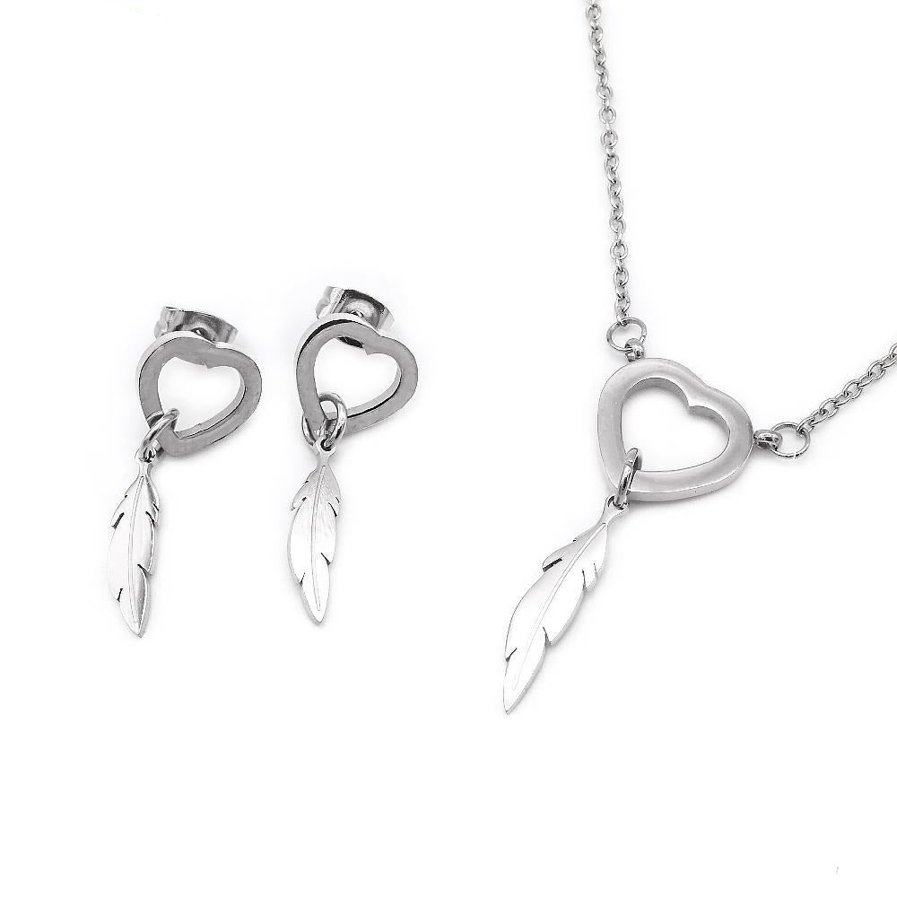 Oala Open Heart & Feather Stainless Steel Jewelry Set | SilverWorks