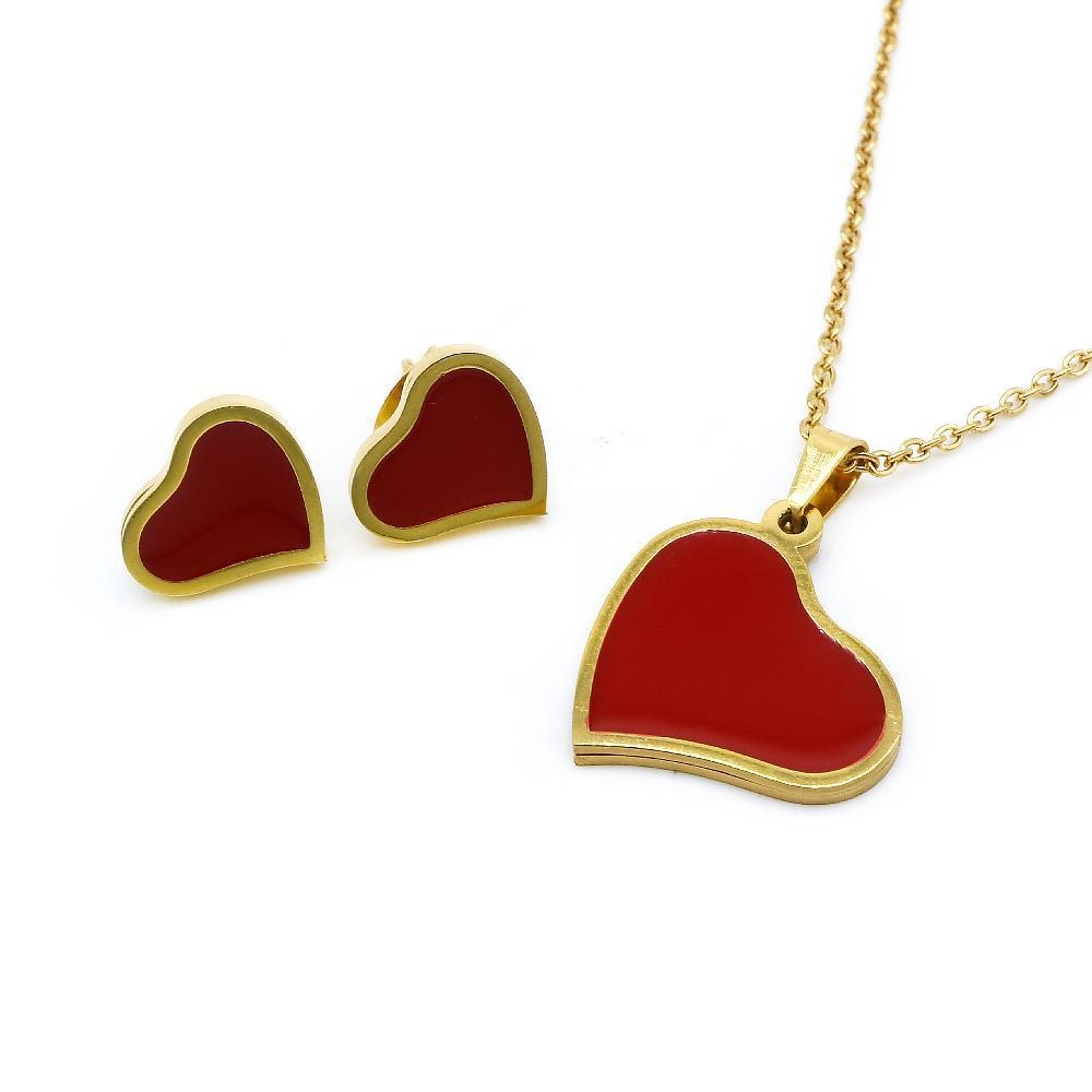 Red Enamel in Slanted Heart Necklace and Earrings Set Stainless Steel Hypoallergenic Jewelry Set Philippines | Silverworks