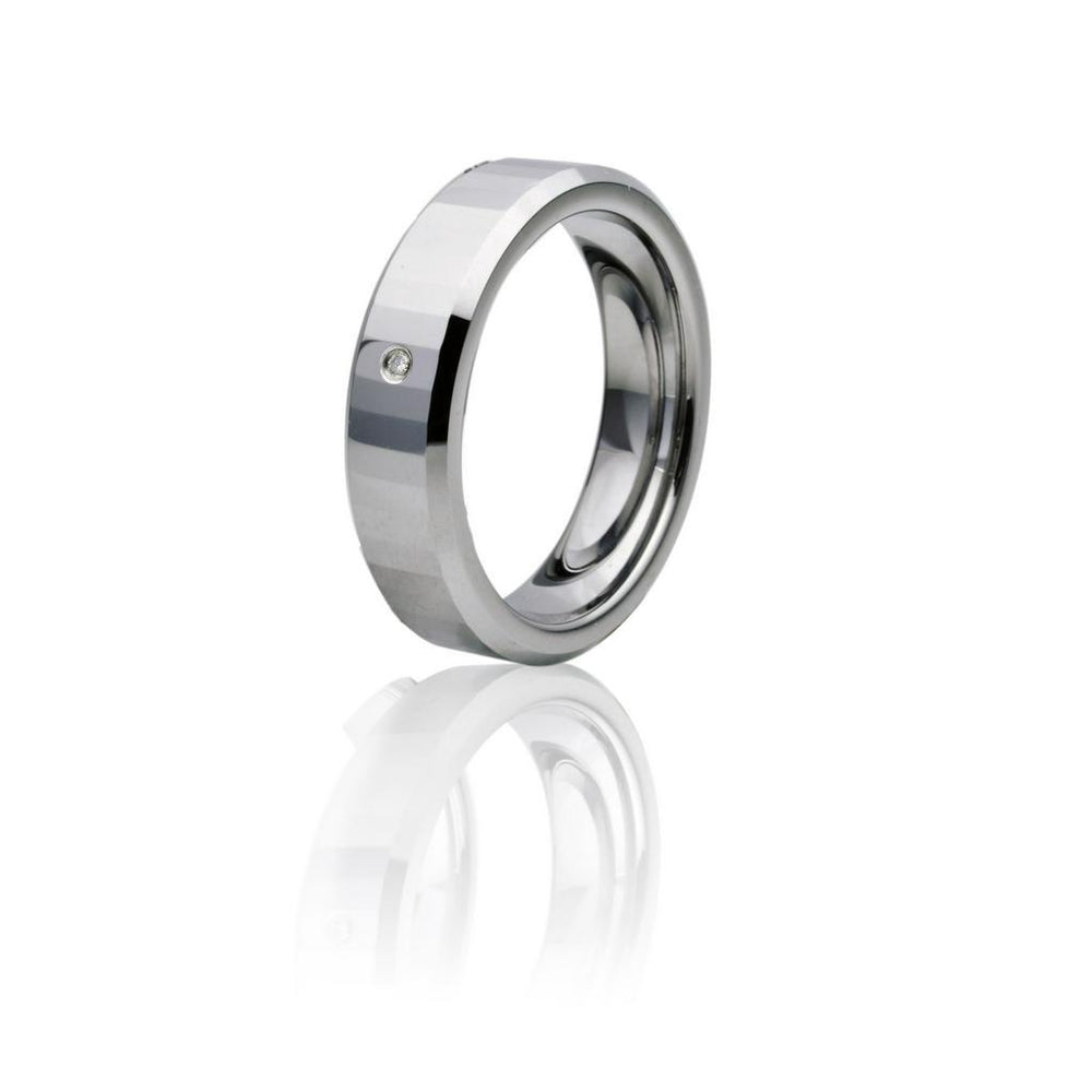 
                      
                        Sleek Silver Tungsten Ring with Solo Diamond
                      
                    