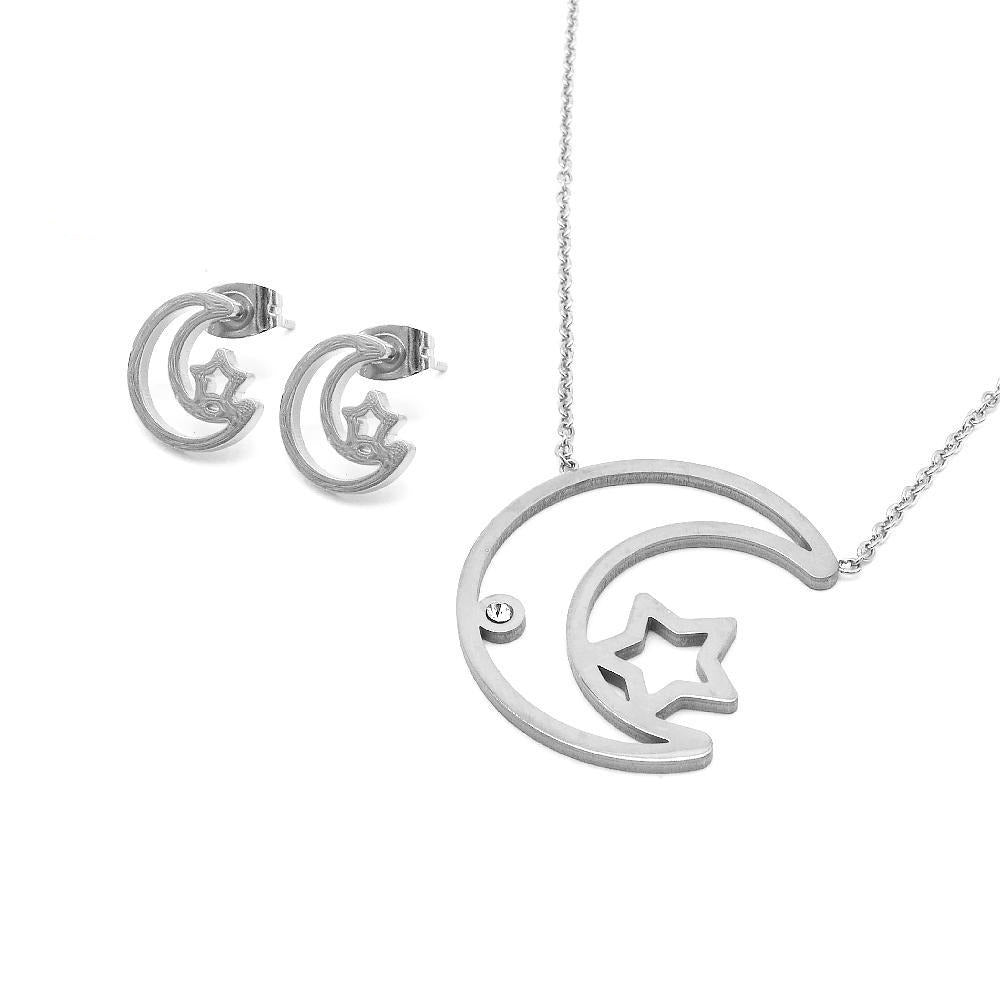 Ophelia Open Moon and Small Star Stainless Steel Jewelry Set | SilverWorks