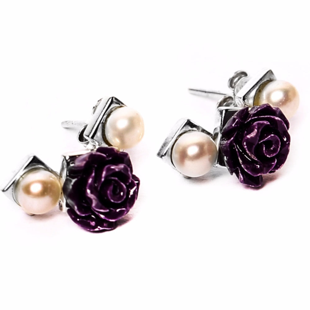 Erica Violet Rose & Pearl 925 Sterling Silver Stud Earrings | SilverWorks