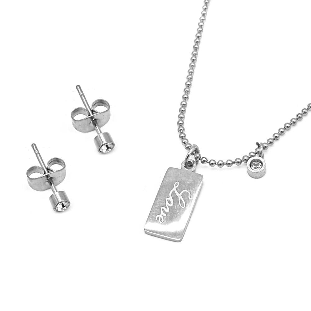 Lacey Love Engraved & Round Stone Stainless Steel Jewelry Set | SilverWorks