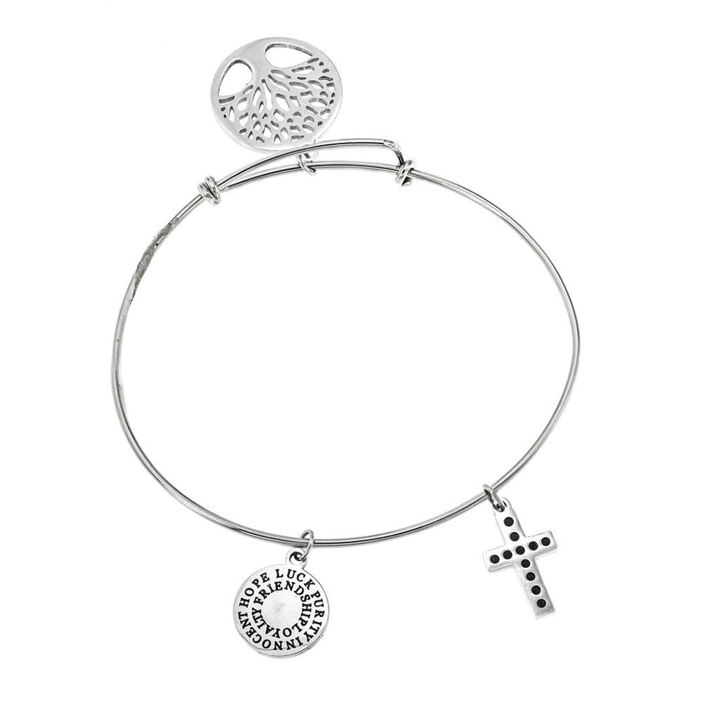 Cross and Tree of Life Charmed Stainless Steel Hypoallergenic Bangle Philippines | Silverworks