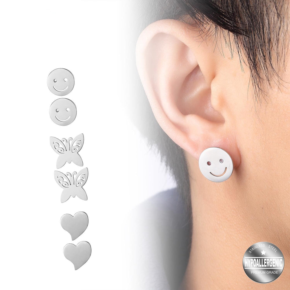 
                      
                        Smiley,  Butterfly and Heart Set of Stud Stainless Steel Hypoallergenic Earrings Philippines | Silverworks
                      
                    